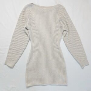 H&M Cream Ribbed Boat Neck Sweater Dress Mini Short Long Sleeve Sz XS Batwing